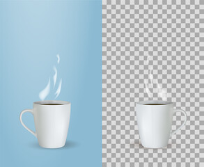 photorealistic white cup on blue and transparent backgrounds