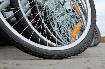 Fototapeta premium Wheels of bcycles parking for rent close-up on street background