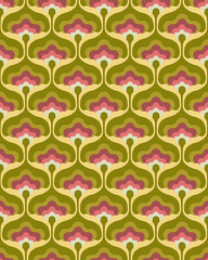 1970s Mod Floral Pattern. Retro 70s 60s Design Green, Pink And Purple Geometric Abstract Flowers. Groovy Mid Century Modern Seamless Patten Repeat