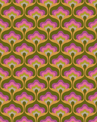 1970s Mod Floral Pattern. Retro 70s 60s Design Green, Pink And Purple Geometric Abstract Flowers. Groovy Mid Century Modern Seamless Patten Repeat.