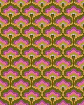 Fototapeta 1970s Mod Floral Pattern. Retro 70s 60s Design Green, Pink And Purple Geometric Abstract Flowers. Groovy Mid Century Modern Seamless Patten Repeat.