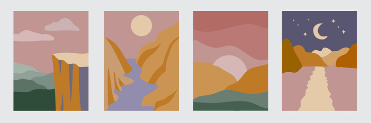 Abstract minimal landscapes. Set of contemporary artistic posters. Flat vector illustration