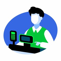 Cashier - pictogram logo icon. Vector illustration. Operator at the checkout. Registrar of goods and services for money. Material for retail.