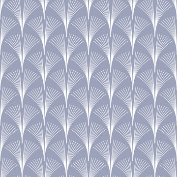 Art Deco Design With White Palm Leaf Motifs On Indigo Background. Vintage Elegant Seamless Vector Pattern. Minimalistic Geometric Design.