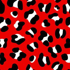 Animal Print Seamless Pattern Design With Big Black And White Spots On Bright Red Background. Leopard Print Patten For Textiles, fabric, Home Décor.