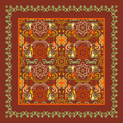 Vector abstract ethnic pattern with ornament from doodle curls of different colors on brown terracotta backdrop for textile design scarf, hijab, tablecloth, tiles, napkins
