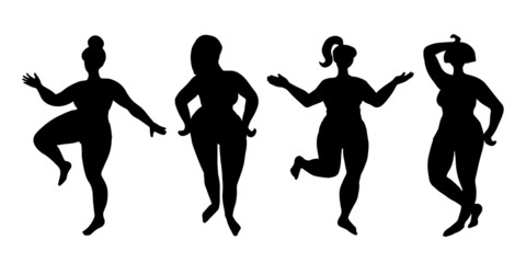 Set of abstract curvy female silhouettes in dynamic poses. Body positivity concept. Hand drawn vector illustration