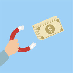 hand with a magnet to which funds are attracted, badge emblem, investment attraction vector illustration
