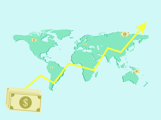 world map with growth chart falling dollar, economy, vector illustration