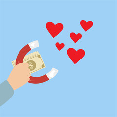 hand with magnet attract hearts, money buy love, vector illustration