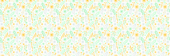 Vector, child-friendly, seamless doodle-style floral pattern with flowers and leaves. Delicate spring, summer, floral background