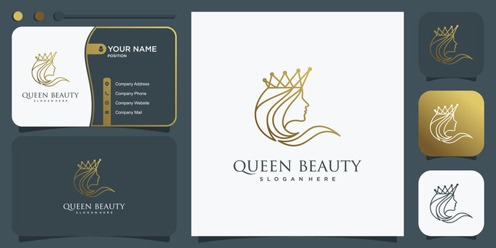 Queen logo for woman with creative golden line concept Premium Vector