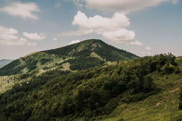 Plakat Ploska hill with mountain hut from Borisov, Big Fatra mountains, Slovakia. Hiking summer Slovakia landscape.