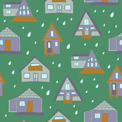 Houses and raindrops seamless pattern. Hand drawn cartoon style vector illustration