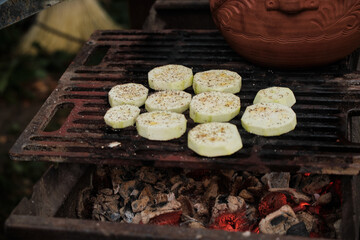 Zucchini grill with vegetables. Public meetings, friends. Brazier with kindling and charcoal.