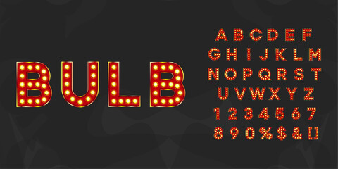 Red illuminated bulb text. Vintage typography for theater or showtime movie design. © Mariia