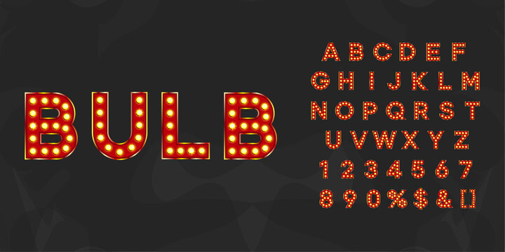 Red illuminated bulb text. Vintage typography for theater or showtime movie design.