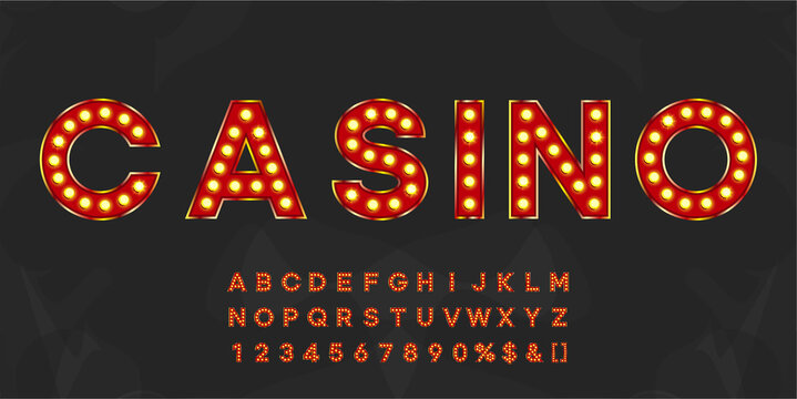 Red shining marquee alphabet with numbers and warm light. Vintage illuminated letters for text logo or sale banner