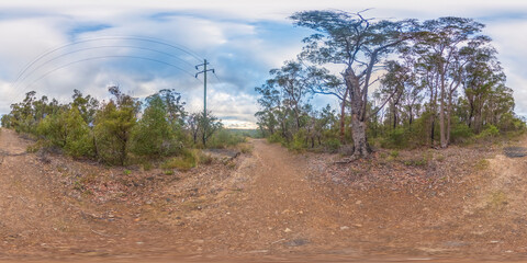 Fototapeta na wymiar Spherical panoramic photograph of a fire trail dirt track in regional Australia