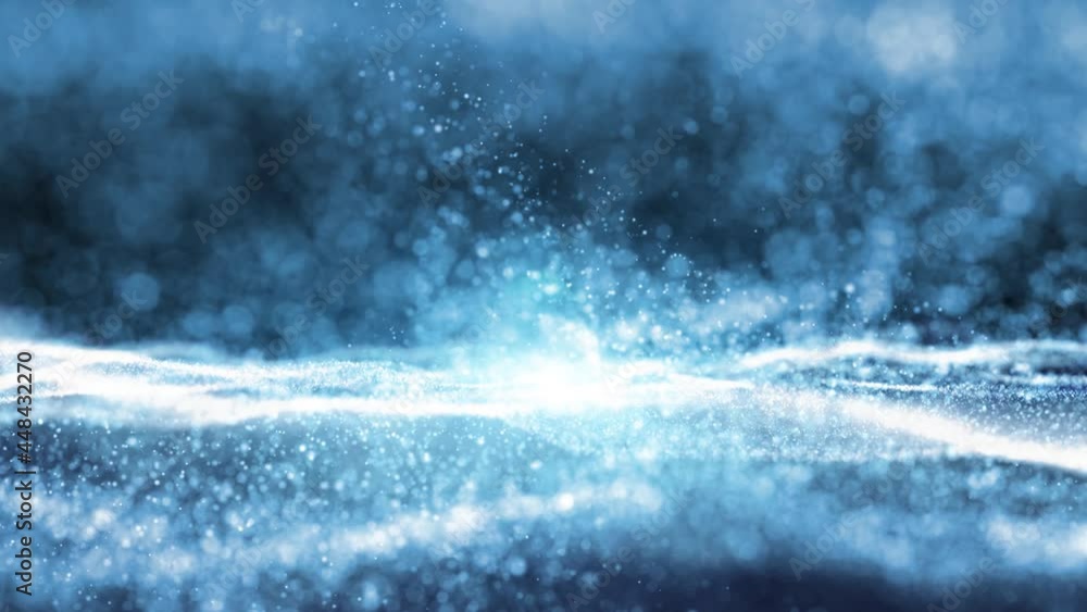 Poster abstract blurred glowing blue bokeh dots with waves moving slow animation background.
