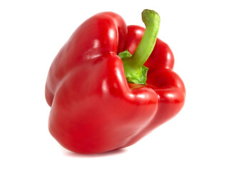 Red pepper close up tilted to the side, fresh vegetable isolated on white background.