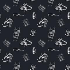 Seamless pattern with hand drawn chalk pills and medicines, medical face mask, sanitizer bottles, medical thermometer, soap, medical gloves