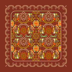 Vector abstract ethnic pattern with ornament from doodle curls of different colors on brown terracotta backdrop for textile design scarf, hijab, tablecloth, tiles, napkins