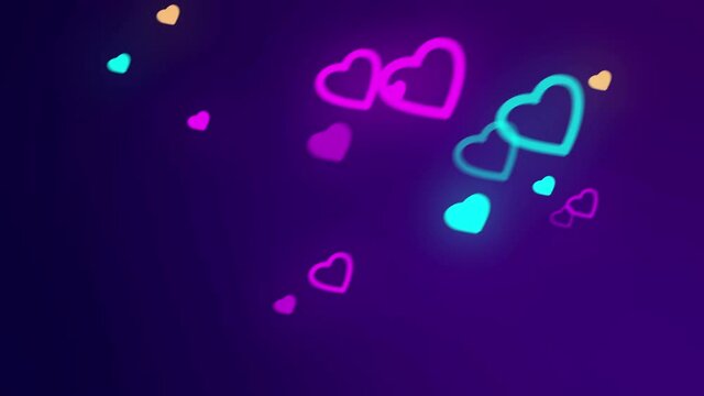 Glowing multi-colored hearts move at different speeds at different distances from each other. A vibrant and dynamic backdrop for unusual demonstrations and presentations. Looped