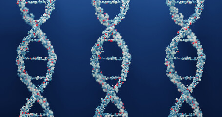 3d white DNA structure on a navy blue background. Scientific medical background and healthcare technology for presentation, cover or advertisement.