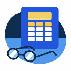Financier accountant pictogram logo icon. Vector illustration. Calculator and glasses. Accountant's workplace. Calculations for profit in business.