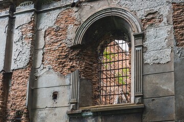 Sokal, Ukraine - july, 2021: the ruins of Great Synagogue in Sokal.

