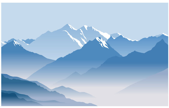 Snow-capped mountain peaks. Great mountain range. Vector image for prints, poster and illustrations.