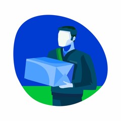 Delivery man with parcel, logo icon pictogram. Vector illustration. Logistic service. Stay home theme. The man brought a box, a badge.