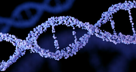 3d DNA structure in lavender or purple color on a black background. Close-up. Scientific medical background and healthcare technology for presentation, cover or advertisement.