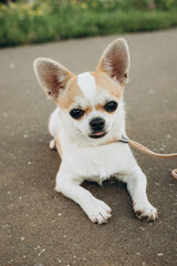 A Chihuahua dog poses at a photo shoot.
