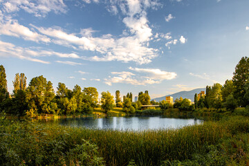 Fototapeta premium Springtime view of the lake in the residential district of Drujba in Sofia city