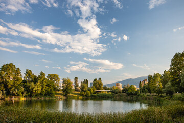 Springtime view of the lake in the residential district of Drujba in Sofia city