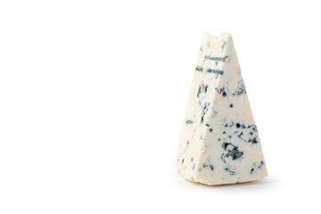Cheese with blue mold on a white background. A piece of Roquefort, Dor Blue. Isolated