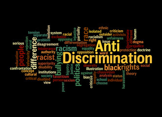 Word Cloud with ANTI DISCRIMINATION concept, isolated on a black background
