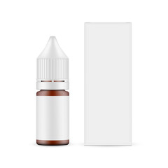Small Amber Dropper Unicorn Bottle with Paper Box Front View, Isolated on White Background. E-liquid vial Mockup. Vector Illustration