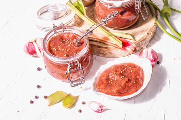 Chutney from rhubarb. Set of ingredients and spices for cooking