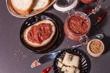 Chutney from rhubarb. Set of ingredients for a healthy breakfast
