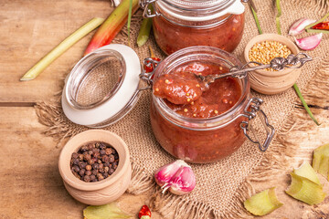 Chutney from rhubarb. Set of ingredients and spices for cooking