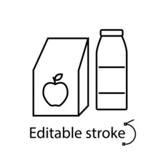 Lunchbox with apple outline icon. Paper bag. School meal concept. Editable stroke. Isolated vector stock illustration