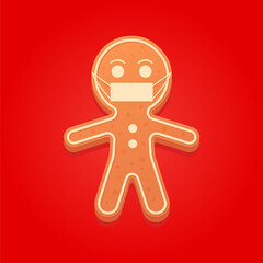 Christmas Gingerbread Man in a medical mask on red background. New Year sweet cookie during the coronavirus pandemic