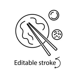 Taiwanese Niu Rou Mian outline icon. Taiwan. Chinese beef noodles with food sticks, sauce. Isolated vector illustration