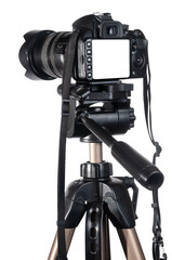 Modern DSLR camera on tripod isolated on white background
