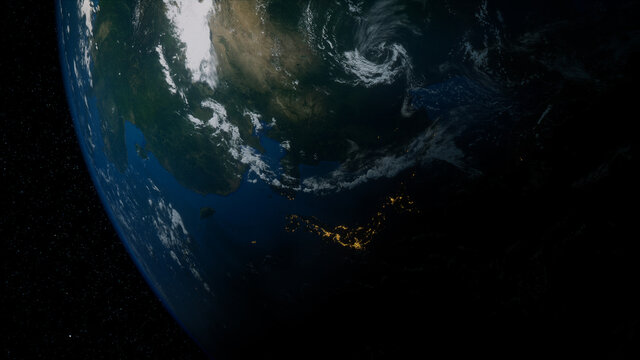 Earth in Space. Photorealistic 3D Render of the World, with views of Japan and Asia. Environment Concept.