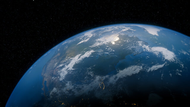 Earth in Space. Photorealistic 3D Render of the Globe, with views of USA and North America. Climate Concept.