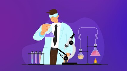 2d animation chemical laboratory experiment. modern design lab tubes, glassware, flasks with reagents. science research, chemistry, medicine concept. development, innovation, vaccine. motion design - Powered by Adobe
